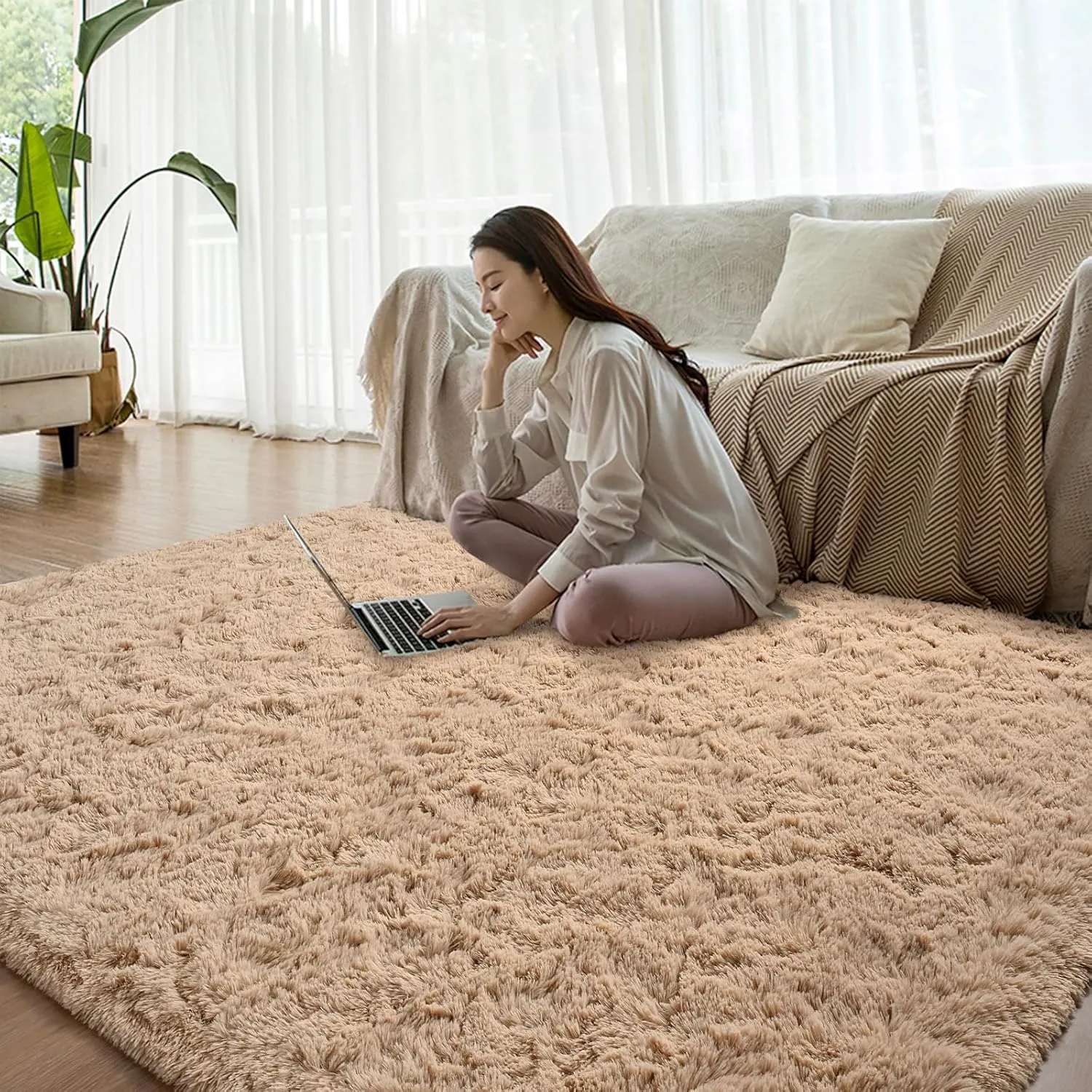 Beige Runner Area Rugs for Bedroom Living Room, 2x6 Feet Fluffy Bedside Rugs, Soft Shaggy Carpet Rug for Kids Room Nursery, Furry Rugs for Girls Boys Dorm Room Home Decor