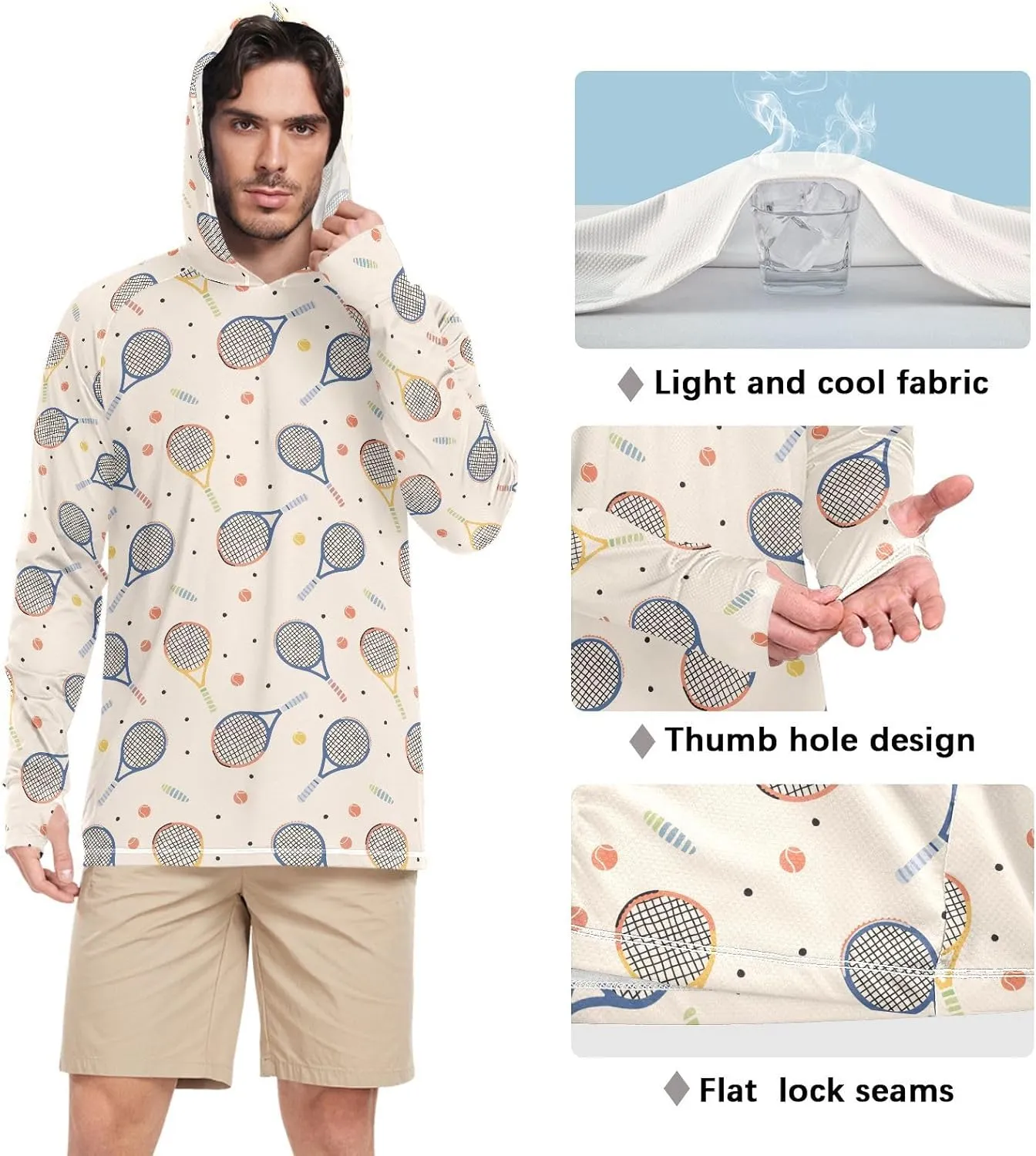 Beigennis Pattern Men's Sun Protection Hoodie Long Sleeve UPF 50   Mens Sun Shirt