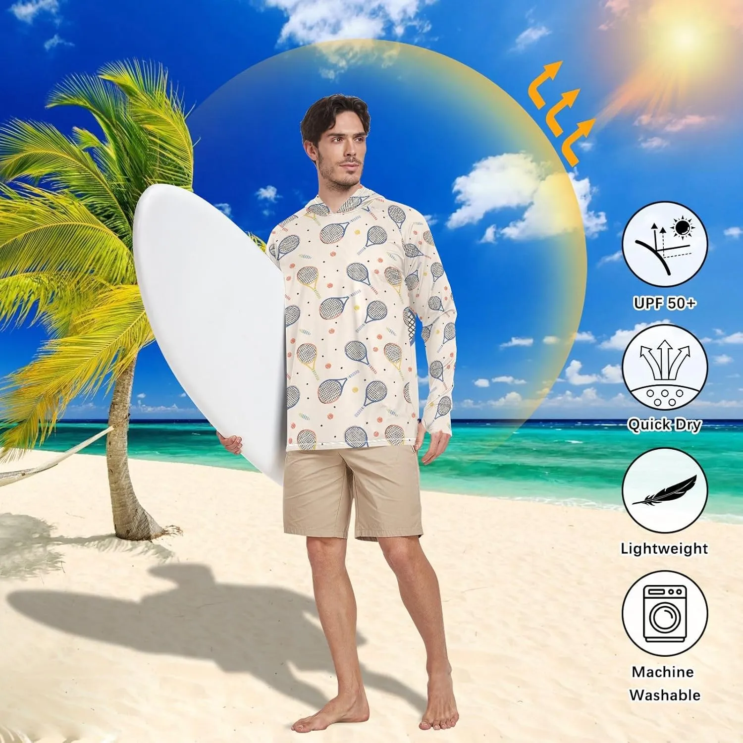 Beigennis Pattern Men's Sun Protection Hoodie Long Sleeve UPF 50   Mens Sun Shirt