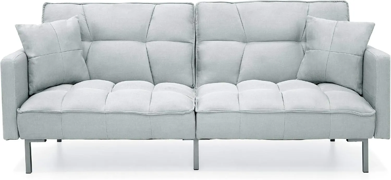 Best Choice Products Convertible Linen Fabric Tufted Split-Back Plush Futon Sofa Furniture for Living Room, Apartment, Bonus Room, Overnight Guests w/ 2 Pillows, Wood Frame, Metal Legs - Light Gray