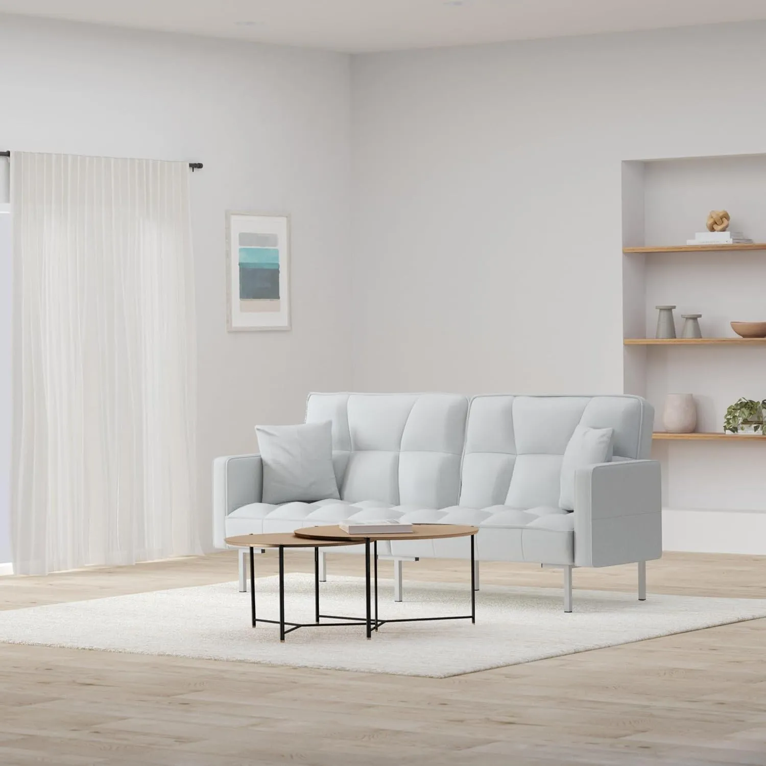 Best Choice Products Convertible Linen Fabric Tufted Split-Back Plush Futon Sofa Furniture for Living Room, Apartment, Bonus Room, Overnight Guests w/ 2 Pillows, Wood Frame, Metal Legs - Light Gray