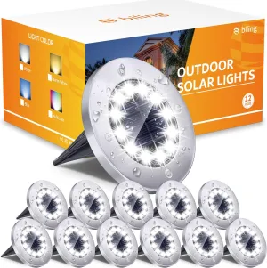Biling Outdoor Lights 12 Packs, Bright 12 LEDs Waterproof, Ground Flat Pathway Lights Solar Powered for Yard Walkway Garden Driveway (White)