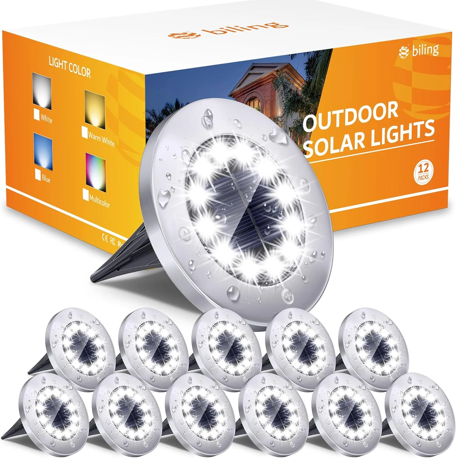 Biling Outdoor Lights 12 Packs, Bright 12 LEDs Waterproof, Ground Flat Pathway Lights Solar Powered for Yard Walkway Garden Driveway (White)
