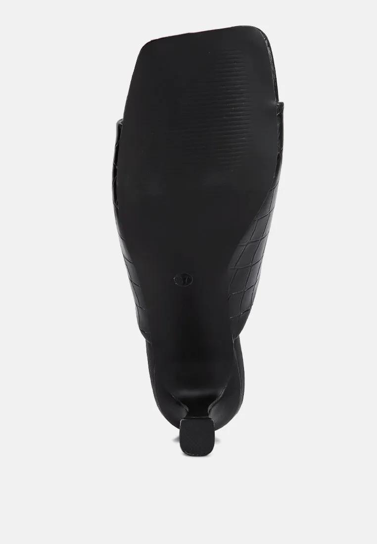 Black Croc Kitten Heel Slider Sandals