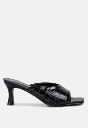 Black Croc Kitten Heel Slider Sandals