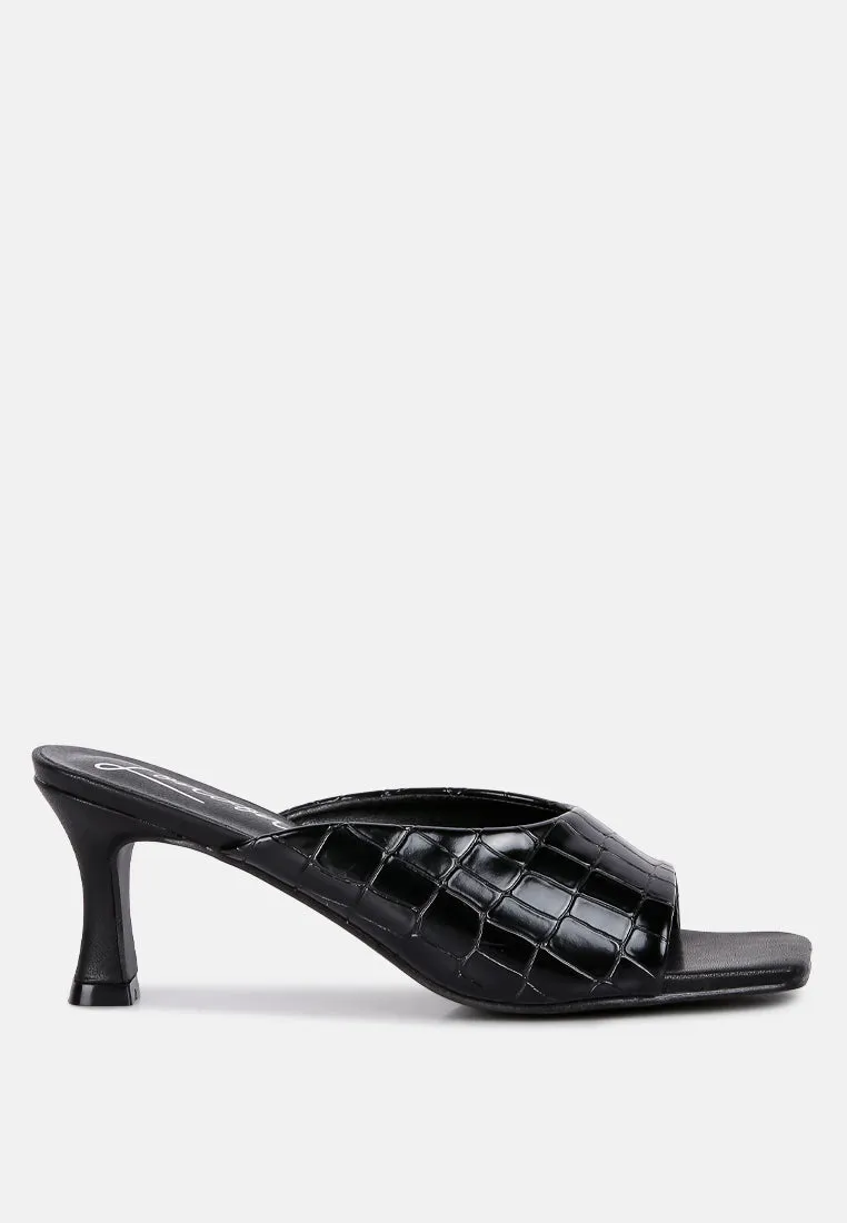 Black Croc Kitten Heel Slider Sandals