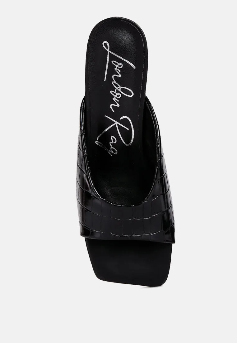 Black Croc Kitten Heel Slider Sandals