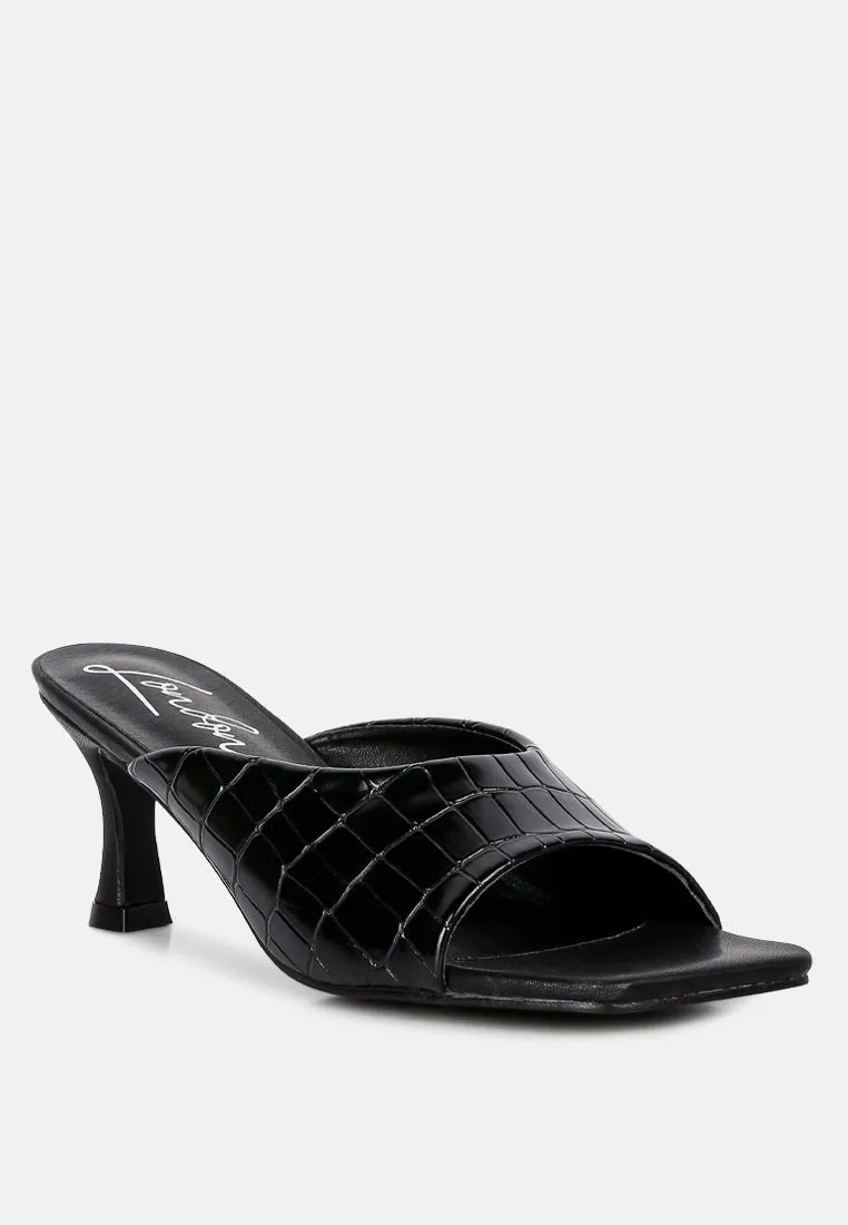 Black Croc Kitten Heel Slider Sandals