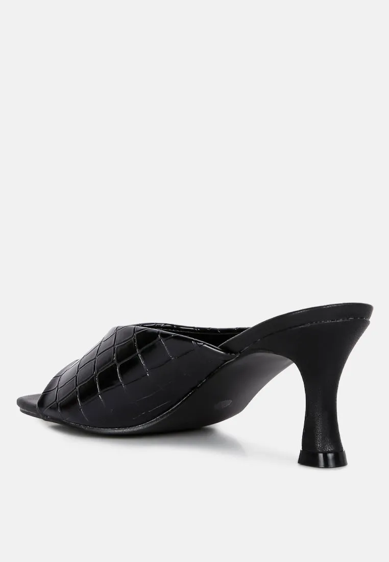 Black Croc Kitten Heel Slider Sandals