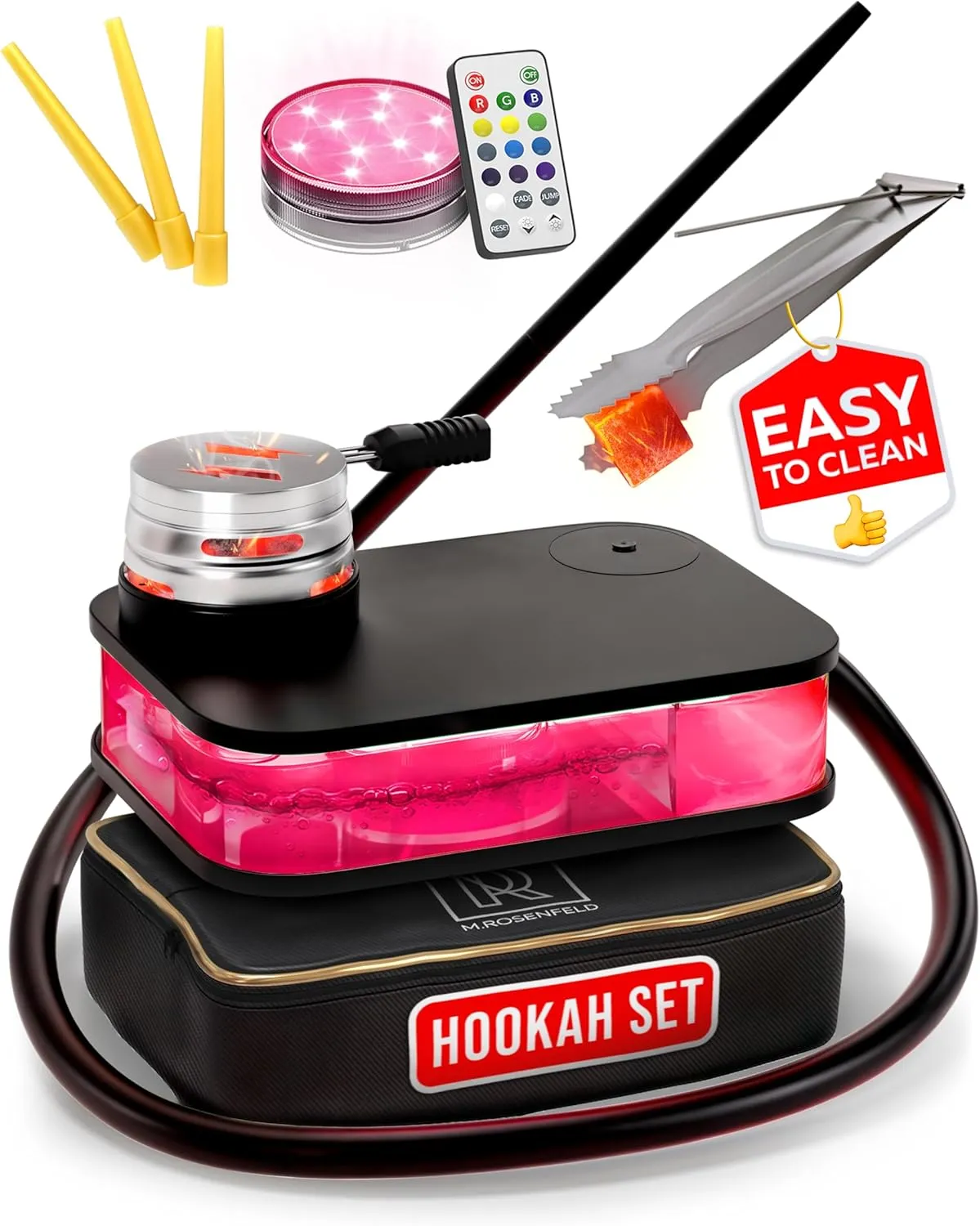 Black Hookah Set - Portable Travel Hooka with Bag, One Hose, Charcoal Holder & Cover - Flat Hooka Shisha Set