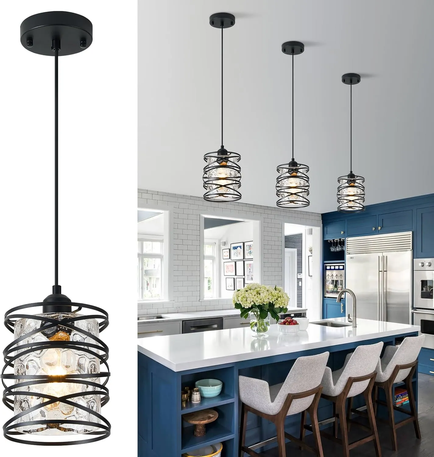 Black Mini Pendant Light Fixture 1-Pack Modern Kitchen Island Pendant Lighting 6.3 Inch Spiral Cage Handblown Hammered Seeded Glass Shade for Dining Room Bedroom Foyer Hallway Bar, E26