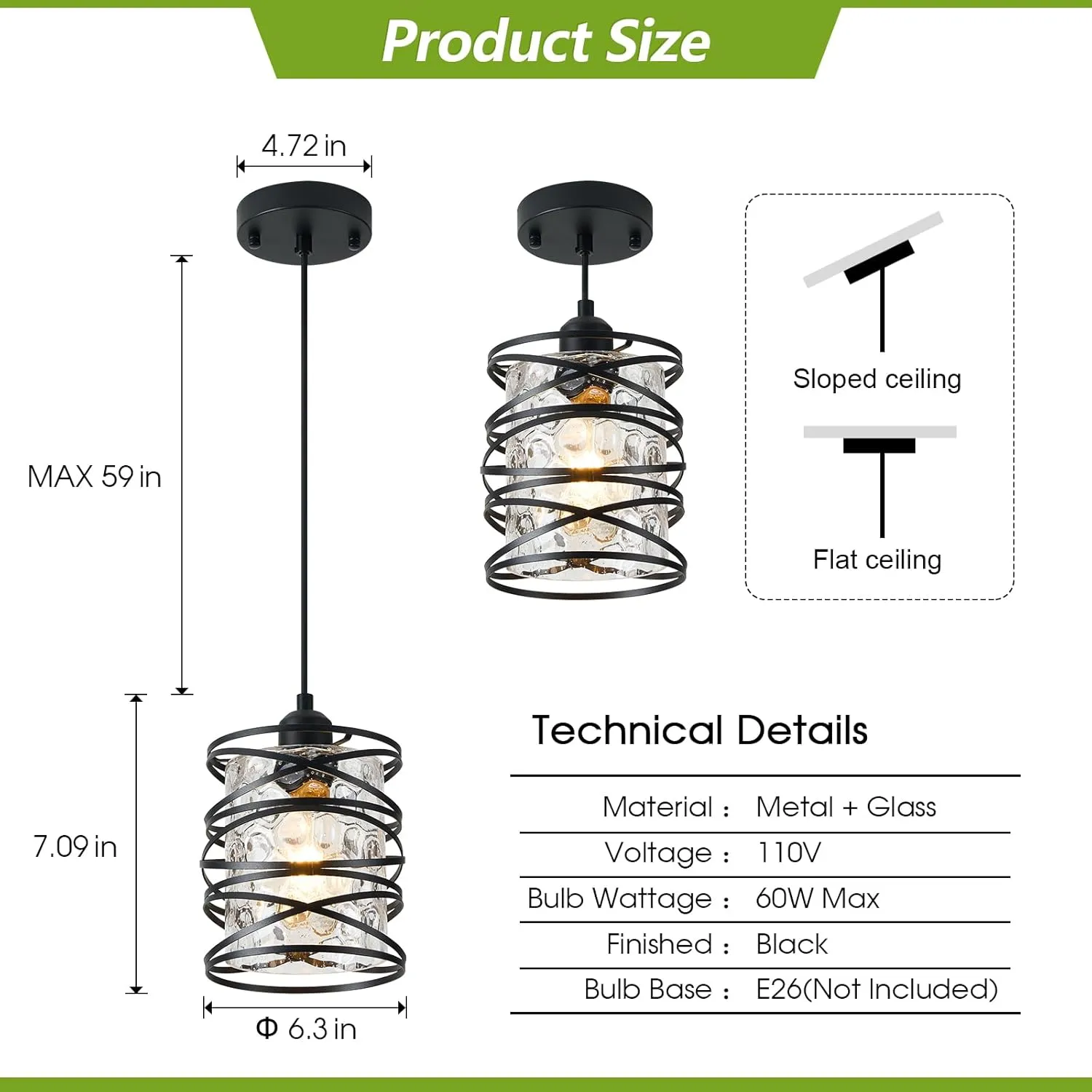 Black Mini Pendant Light Fixture 1-Pack Modern Kitchen Island Pendant Lighting 6.3 Inch Spiral Cage Handblown Hammered Seeded Glass Shade for Dining Room Bedroom Foyer Hallway Bar, E26