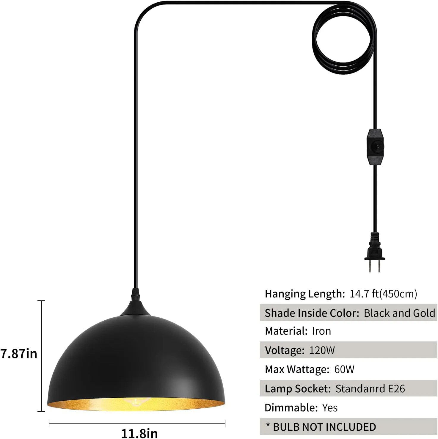 Black Plug in Pendant Light 2 Packs 11.8inch, Farmhouse Pendant Light, Kitchen Pendant Light, Pendant Lights Kitchen Island, Hanging Lights with Plug in Cord for Kitchen 14.7 ft