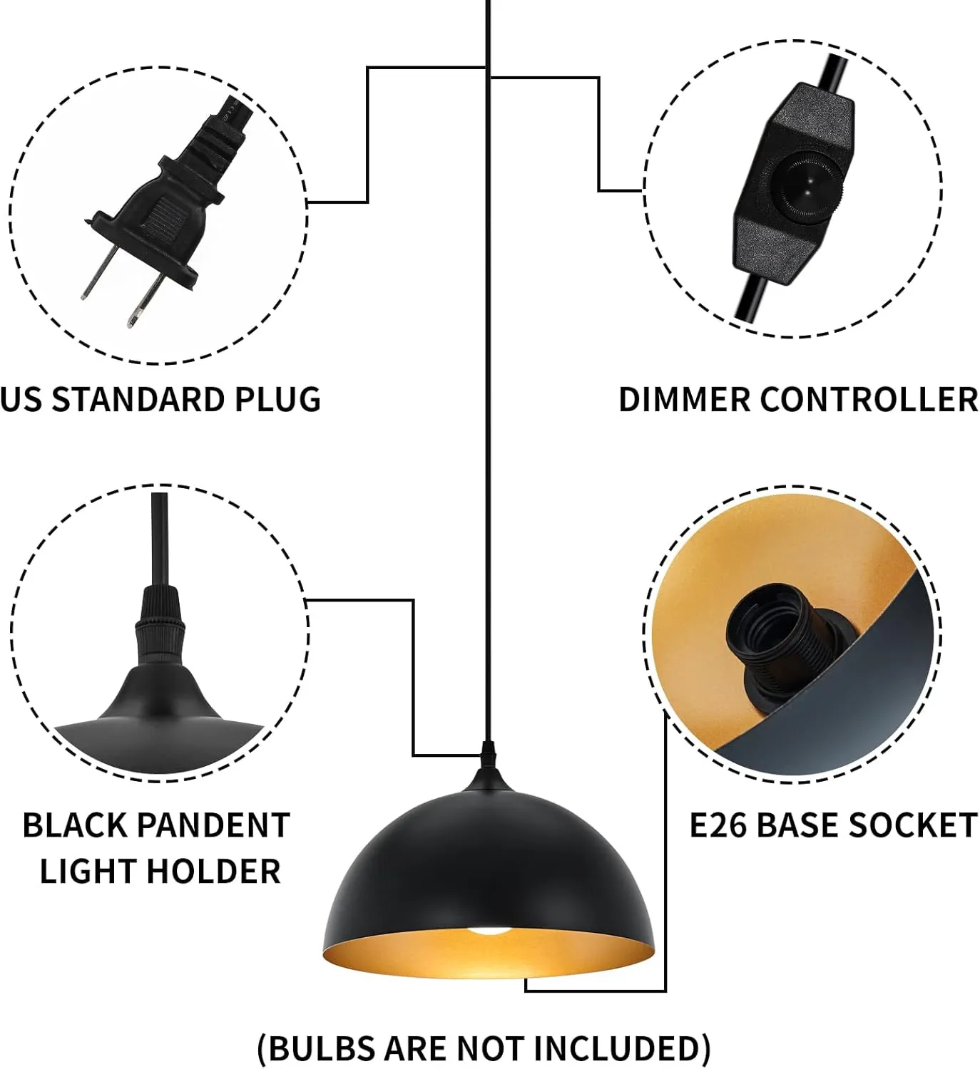 Black Plug in Pendant Light 2 Packs 11.8inch, Farmhouse Pendant Light, Kitchen Pendant Light, Pendant Lights Kitchen Island, Hanging Lights with Plug in Cord for Kitchen 14.7 ft