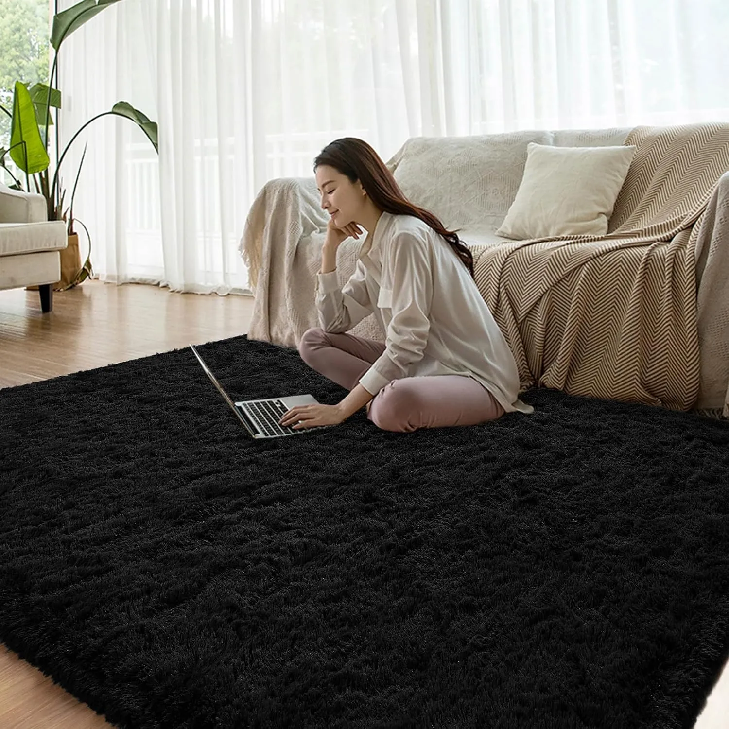 Black Runner Area Rugs for Bedroom Living Room, 2x6 Feet Fluffy Bedside Rugs, Soft Shaggy Carpet Rug for Kids Room Nursery, Furry Rugs for Girls Boys Dorm Room Home Decor