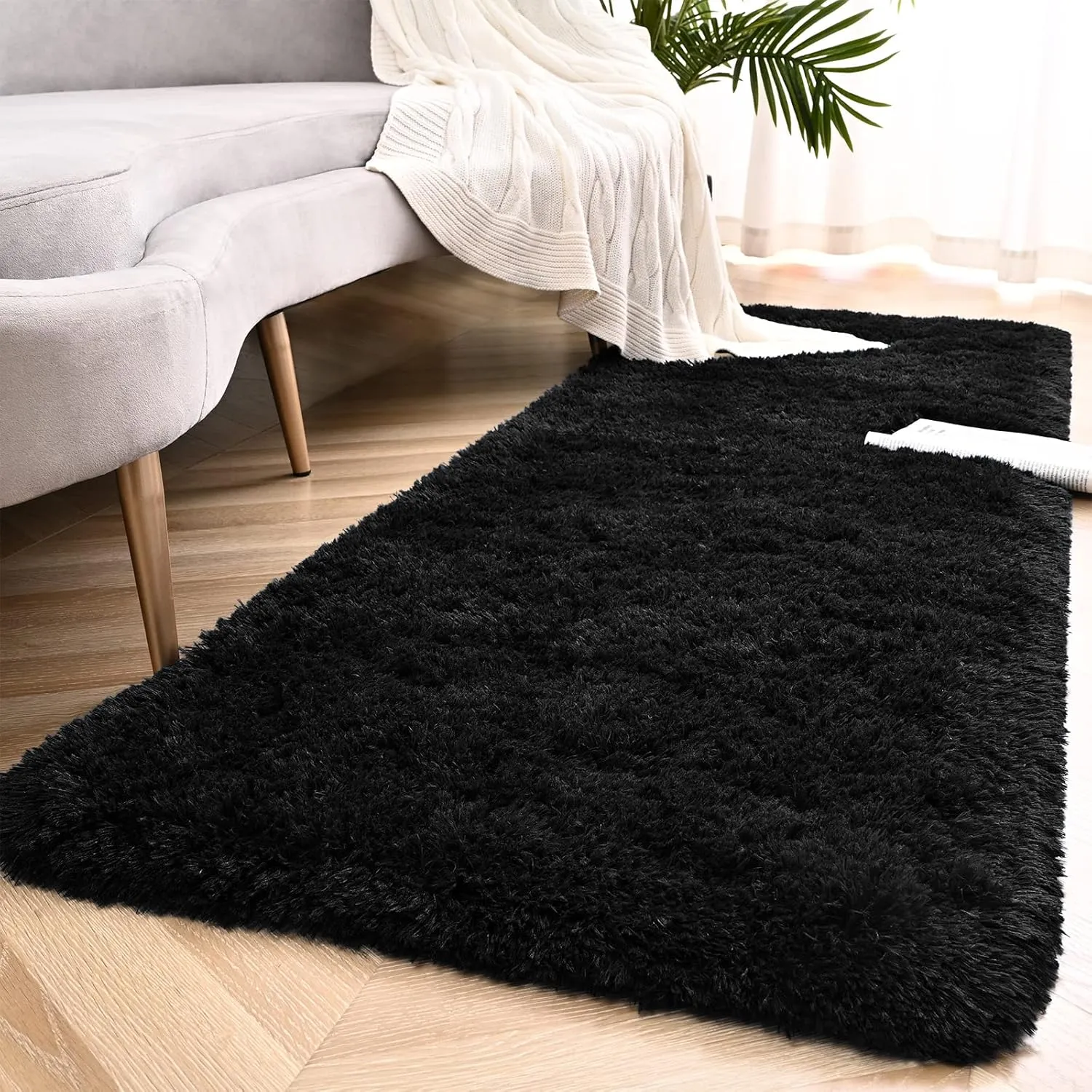 Black Runner Area Rugs for Bedroom Living Room, 2x6 Feet Fluffy Bedside Rugs, Soft Shaggy Carpet Rug for Kids Room Nursery, Furry Rugs for Girls Boys Dorm Room Home Decor