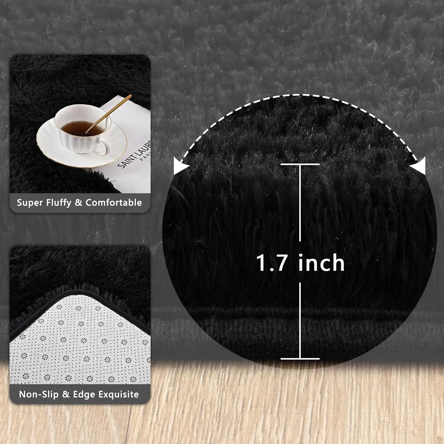 Black Runner Area Rugs for Bedroom Living Room, 2x6 Feet Fluffy Bedside Rugs, Soft Shaggy Carpet Rug for Kids Room Nursery, Furry Rugs for Girls Boys Dorm Room Home Decor