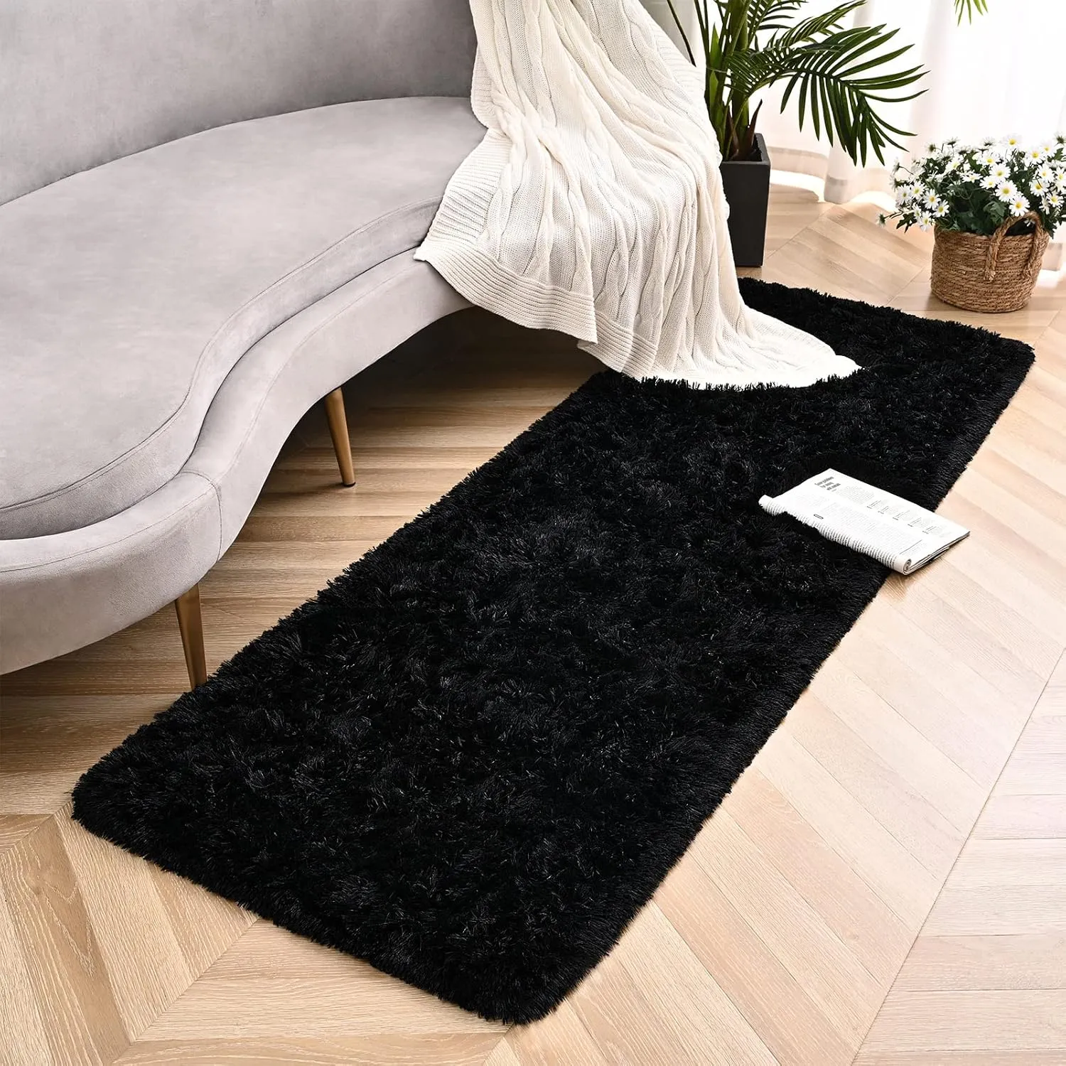 Black Runner Area Rugs for Bedroom Living Room, 2x6 Feet Fluffy Bedside Rugs, Soft Shaggy Carpet Rug for Kids Room Nursery, Furry Rugs for Girls Boys Dorm Room Home Decor