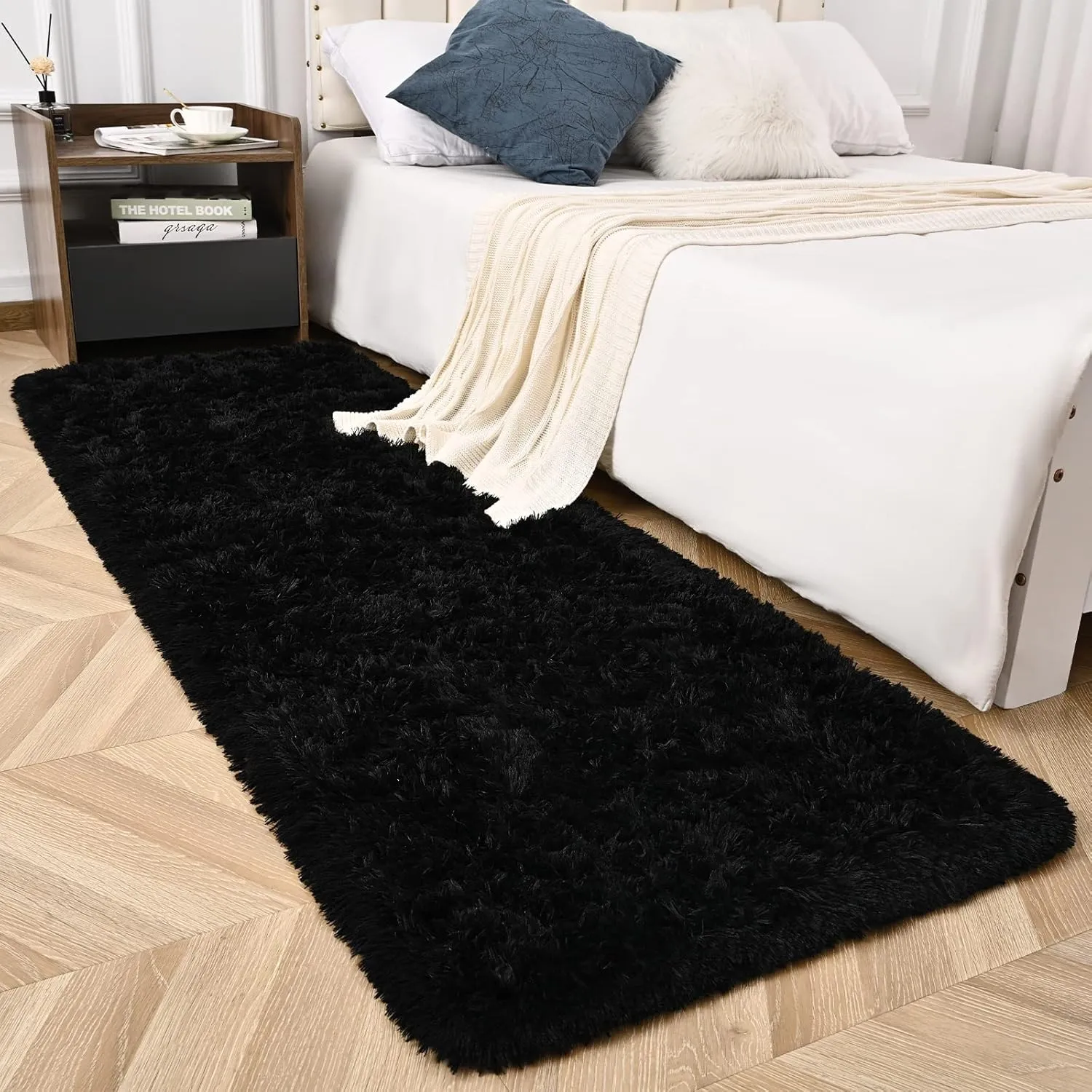 Black Runner Area Rugs for Bedroom Living Room, 2x6 Feet Fluffy Bedside Rugs, Soft Shaggy Carpet Rug for Kids Room Nursery, Furry Rugs for Girls Boys Dorm Room Home Decor
