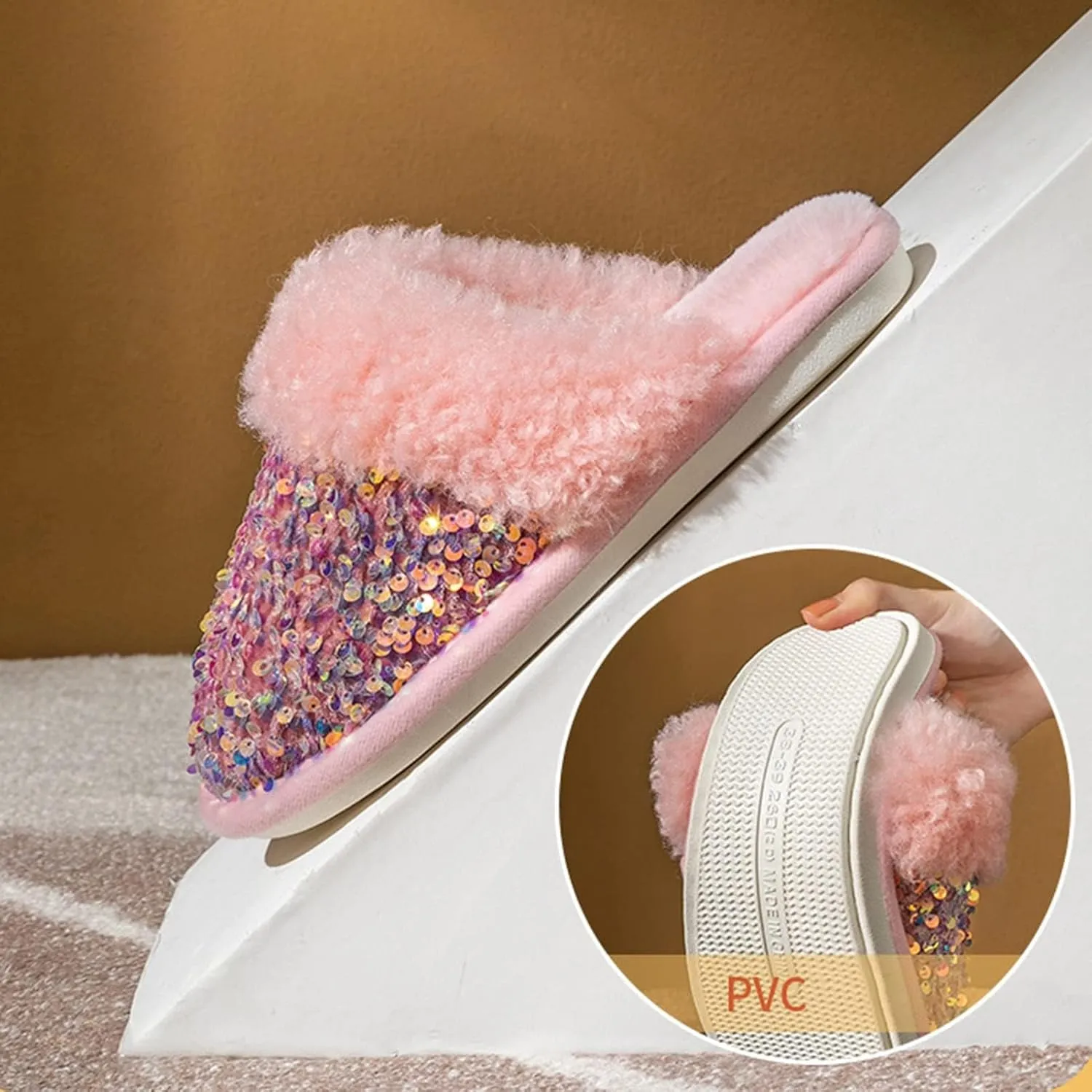 Bling Sequin Slippers for Women Fuzzy House Slip on Indoor Outdoor Bedroom Furry Fleece Lined Ladies Home Shoes Anti-Skid Rubber Hard Sole