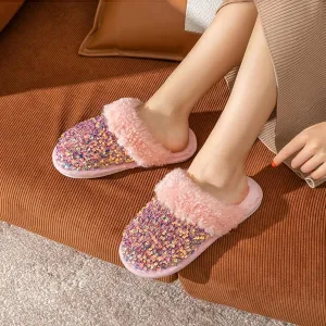 Bling Sequin Slippers for Women Fuzzy House Slip on Indoor Outdoor Bedroom Furry Fleece Lined Ladies Home Shoes Anti-Skid Rubber Hard Sole