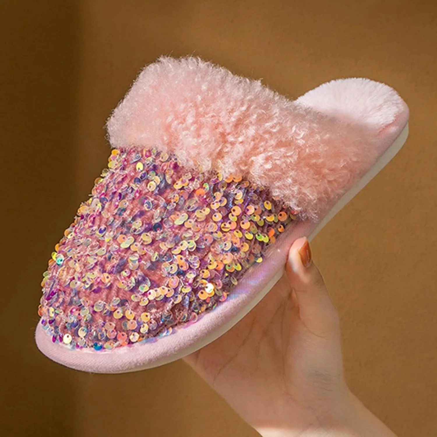 Bling Sequin Slippers for Women Fuzzy House Slip on Indoor Outdoor Bedroom Furry Fleece Lined Ladies Home Shoes Anti-Skid Rubber Hard Sole