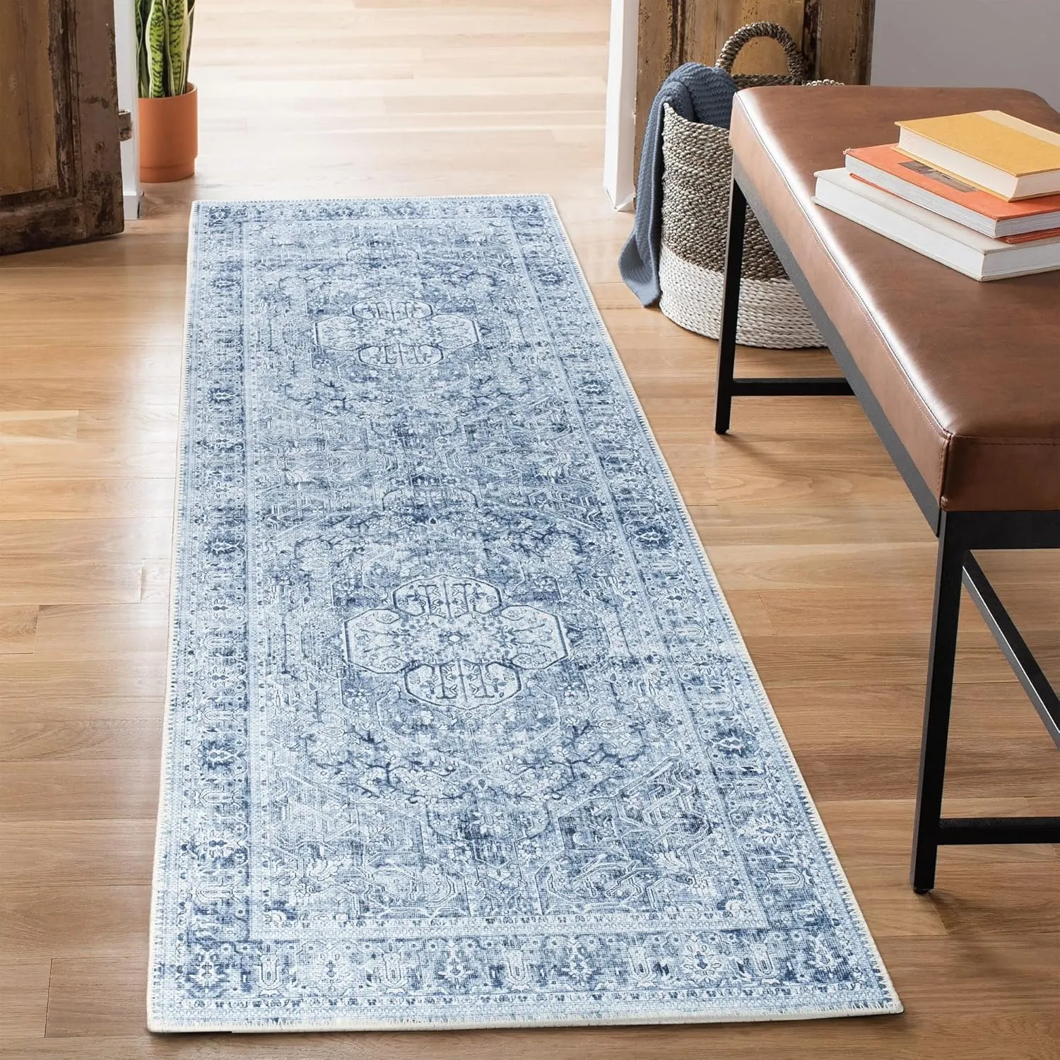 Bloom Rugs Washable Non-Slip 7 ft Runner - Ivory/Denim Blue Traditional Medallion Runner for Entryway, Hallway, Bathroom, and Kitchen - Exact Size: 2.5' x 7'