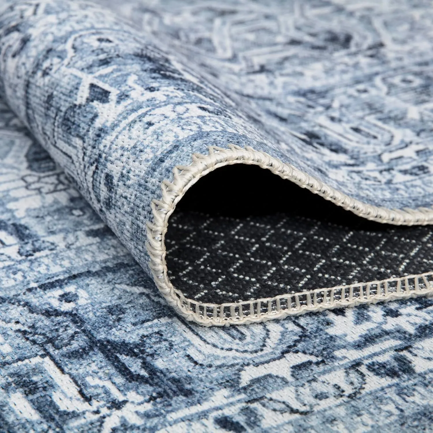 Bloom Rugs Washable Non-Slip 7 ft Runner - Ivory/Denim Blue Traditional Medallion Runner for Entryway, Hallway, Bathroom, and Kitchen - Exact Size: 2.5' x 7'