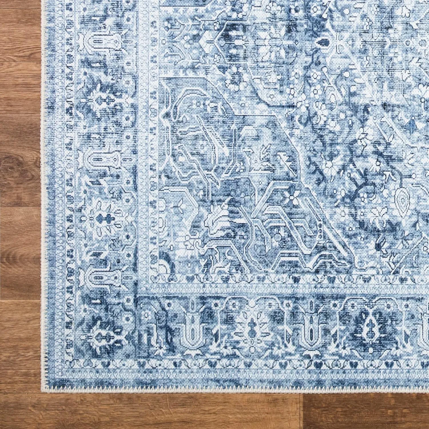 Bloom Rugs Washable Non-Slip 7 ft Runner - Ivory/Denim Blue Traditional Medallion Runner for Entryway, Hallway, Bathroom, and Kitchen - Exact Size: 2.5' x 7'