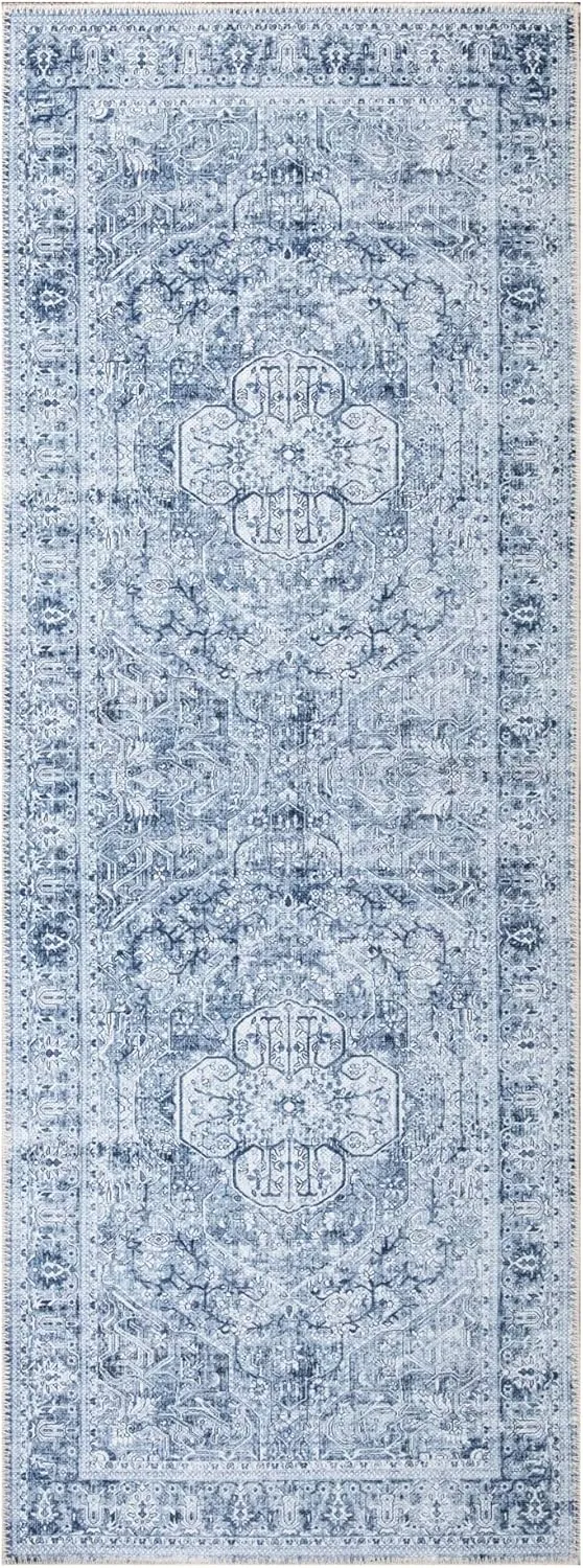 Bloom Rugs Washable Non-Slip 7 ft Runner - Ivory/Denim Blue Traditional Medallion Runner for Entryway, Hallway, Bathroom, and Kitchen - Exact Size: 2.5' x 7'