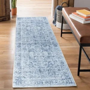 Bloom Rugs Washable Non-Slip 7 ft Runner - Ivory/Denim Blue Traditional Medallion Runner for Entryway, Hallway, Bathroom, and Kitchen - Exact Size: 2.5' x 7'