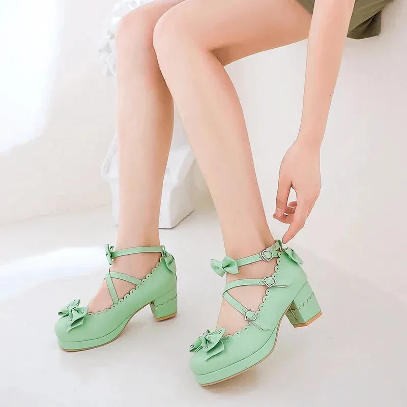 Bows Cross Strap Block Heel Mary Jane Pumps