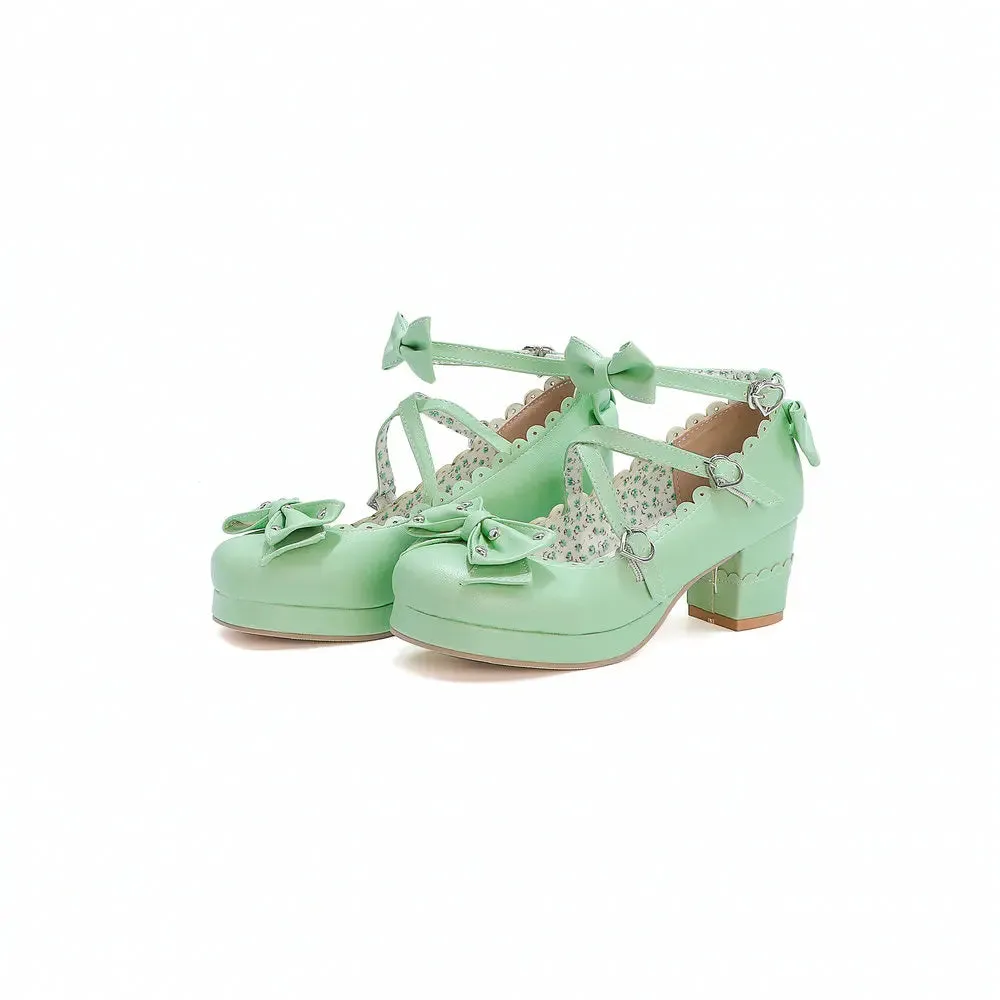 Bows Cross Strap Block Heel Mary Jane Pumps