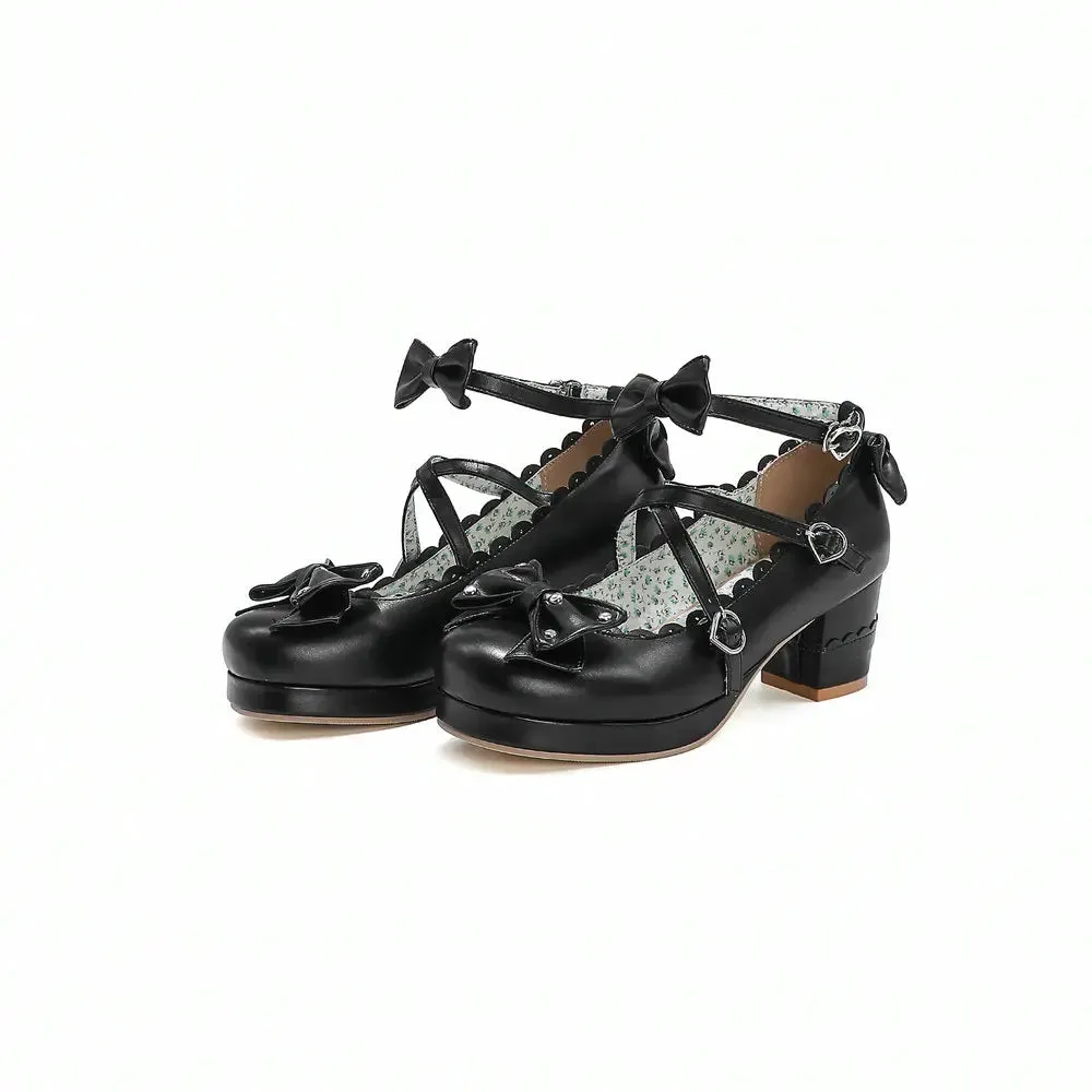 Bows Cross Strap Block Heel Mary Jane Pumps