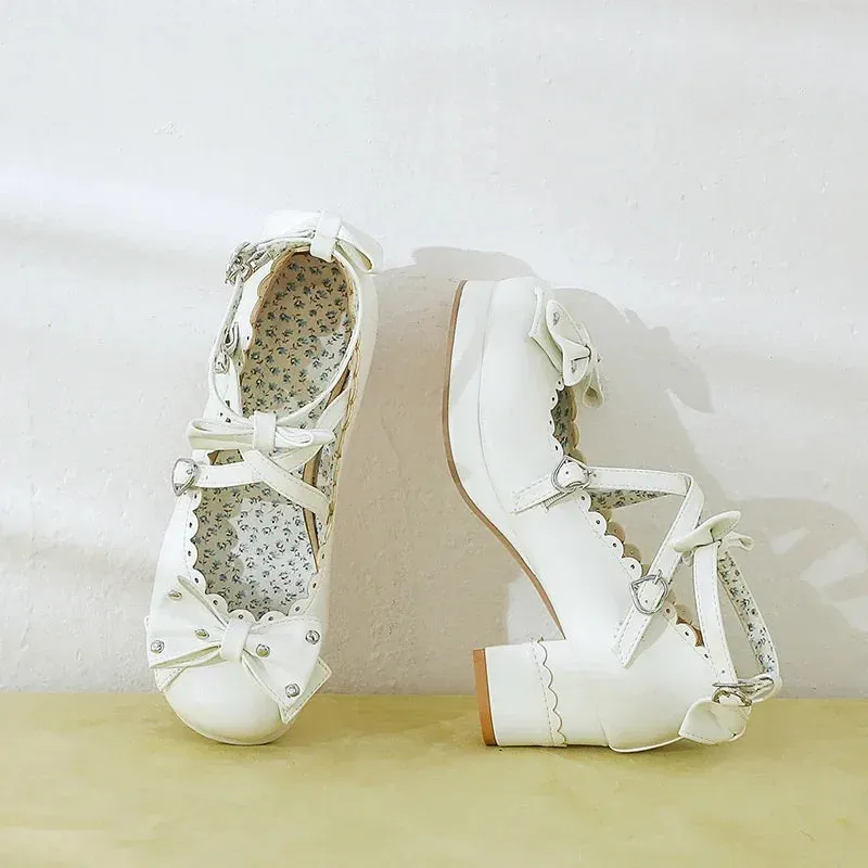 Bows Cross Strap Block Heel Mary Jane Pumps