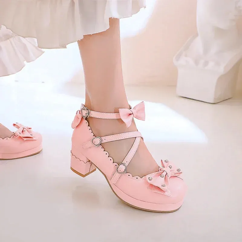 Bows Cross Strap Block Heel Mary Jane Pumps