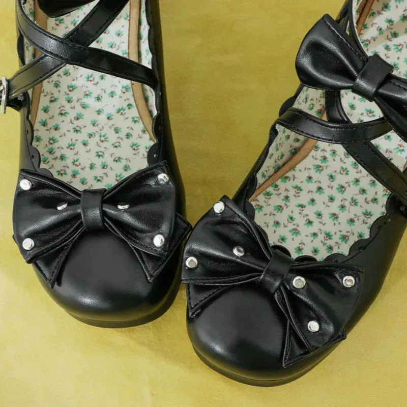 Bows Cross Strap Block Heel Mary Jane Pumps