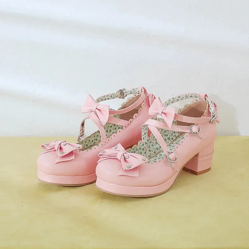 Bows Cross Strap Block Heel Mary Jane Pumps
