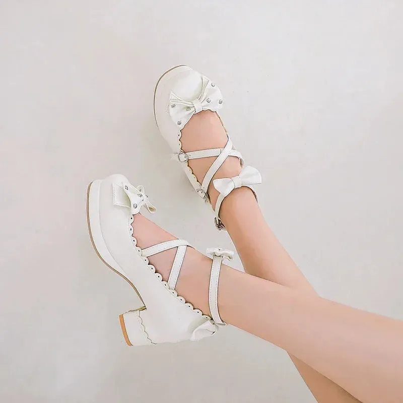 Bows Cross Strap Block Heel Mary Jane Pumps