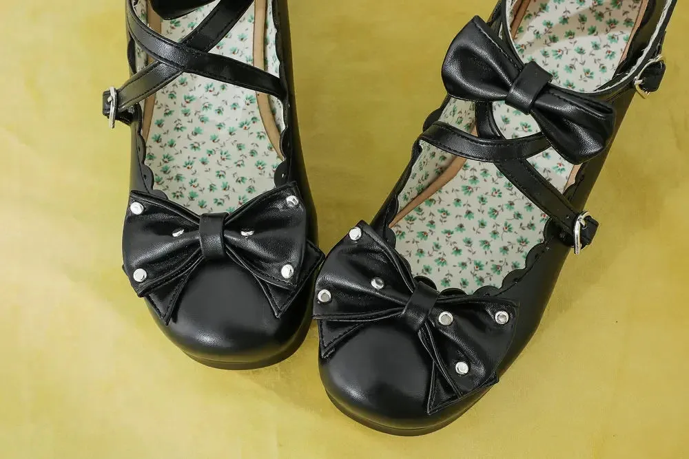 Bows Cross Strap Block Heel Mary Jane Pumps