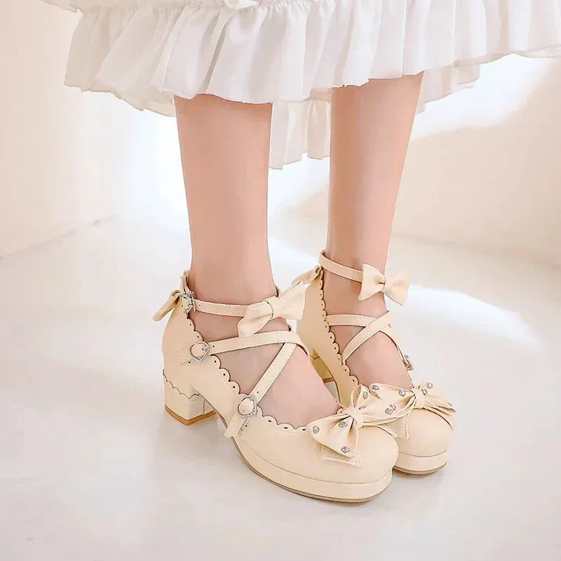 Bows Cross Strap Block Heel Mary Jane Pumps