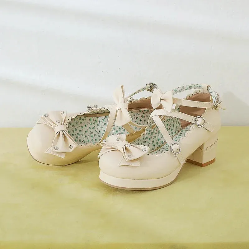 Bows Cross Strap Block Heel Mary Jane Pumps