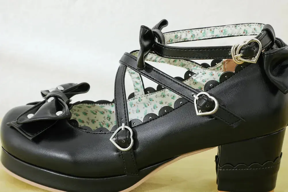 Bows Cross Strap Block Heel Mary Jane Pumps