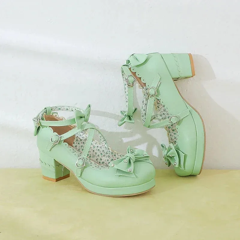 Bows Cross Strap Block Heel Mary Jane Pumps