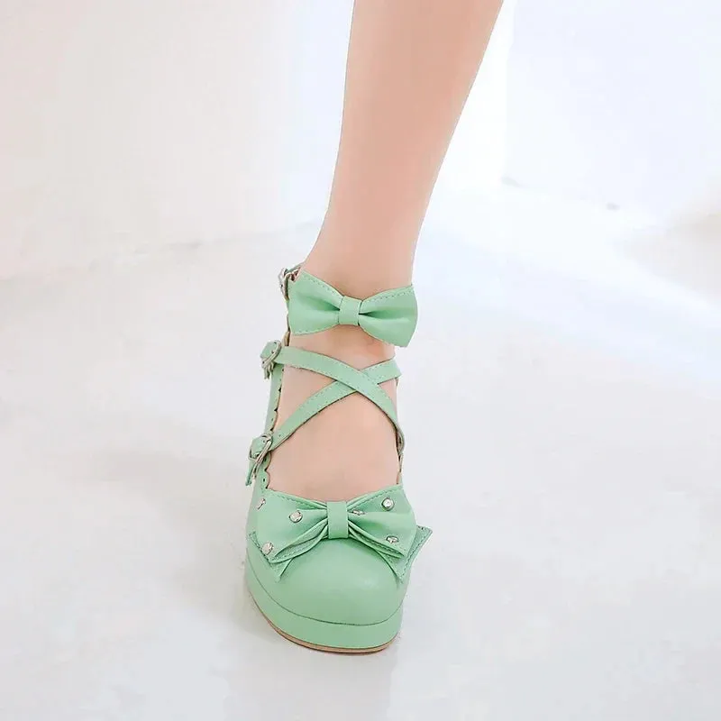 Bows Cross Strap Block Heel Mary Jane Pumps