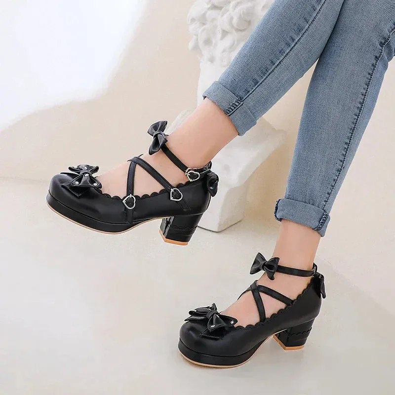 Bows Cross Strap Block Heel Mary Jane Pumps