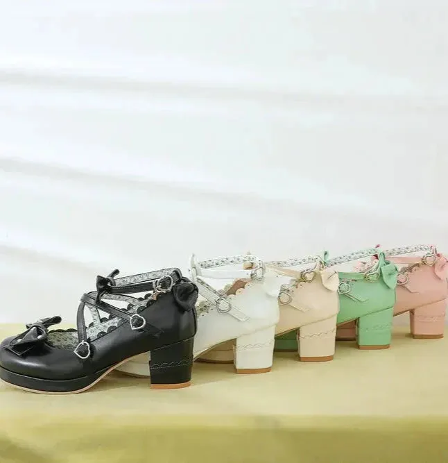 Bows Cross Strap Block Heel Mary Jane Pumps