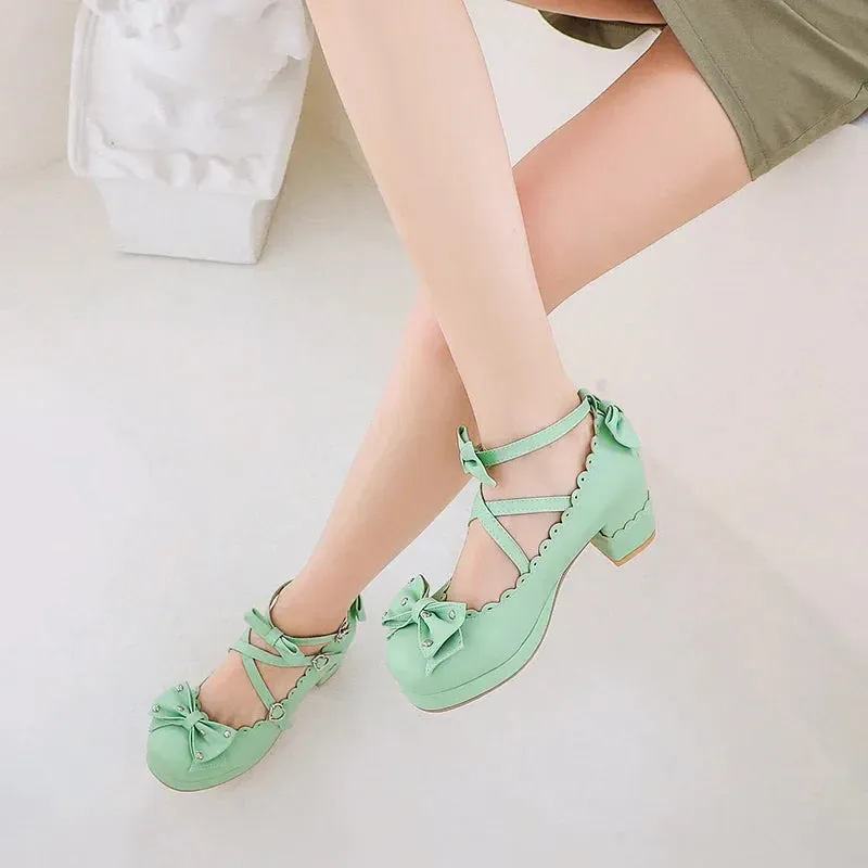 Bows Cross Strap Block Heel Mary Jane Pumps