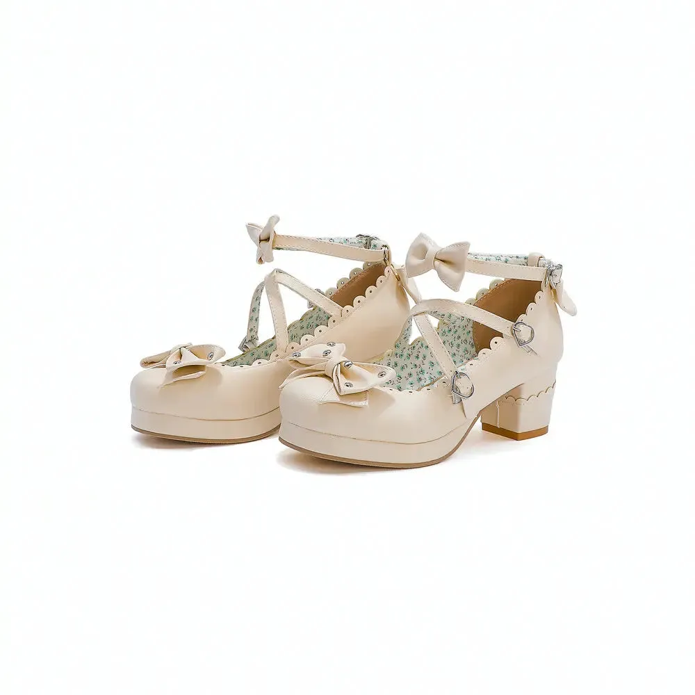Bows Cross Strap Block Heel Mary Jane Pumps