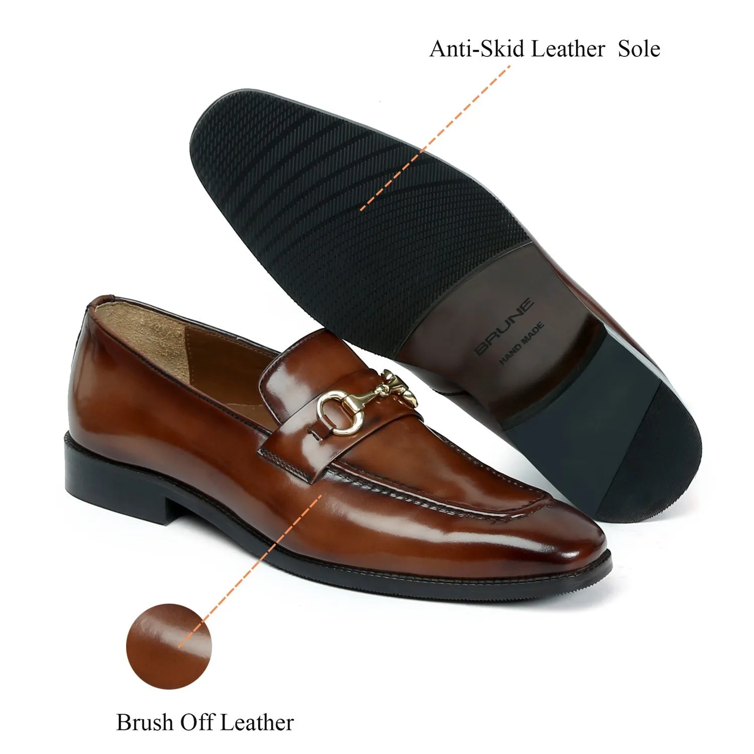 Brown Brush Off Leather Penny Loafers With Horse-bit Buckle